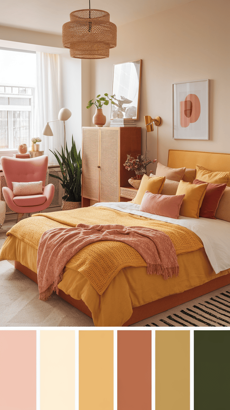 A stylish yellow primary apartment bedroom with layered bedding and decorative elements.