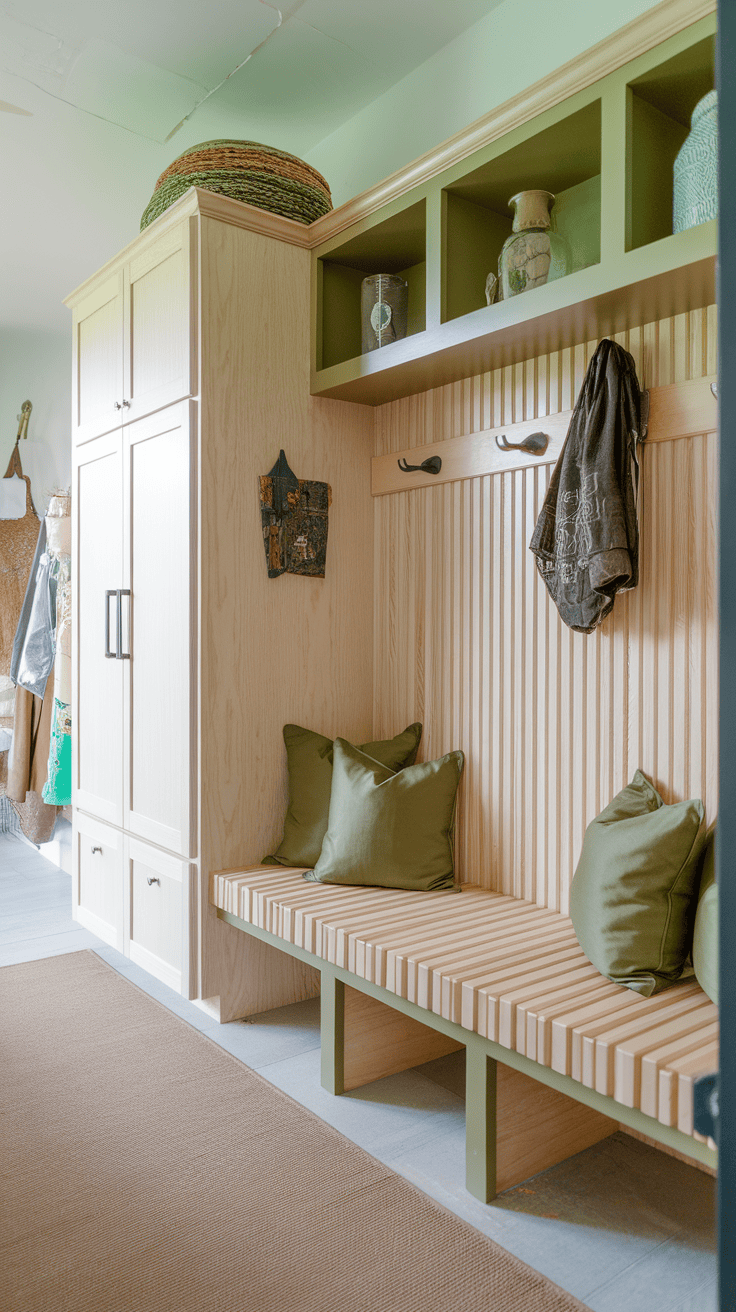 A cozy entryway with light wood furniture, green cushions, and decorative storage.