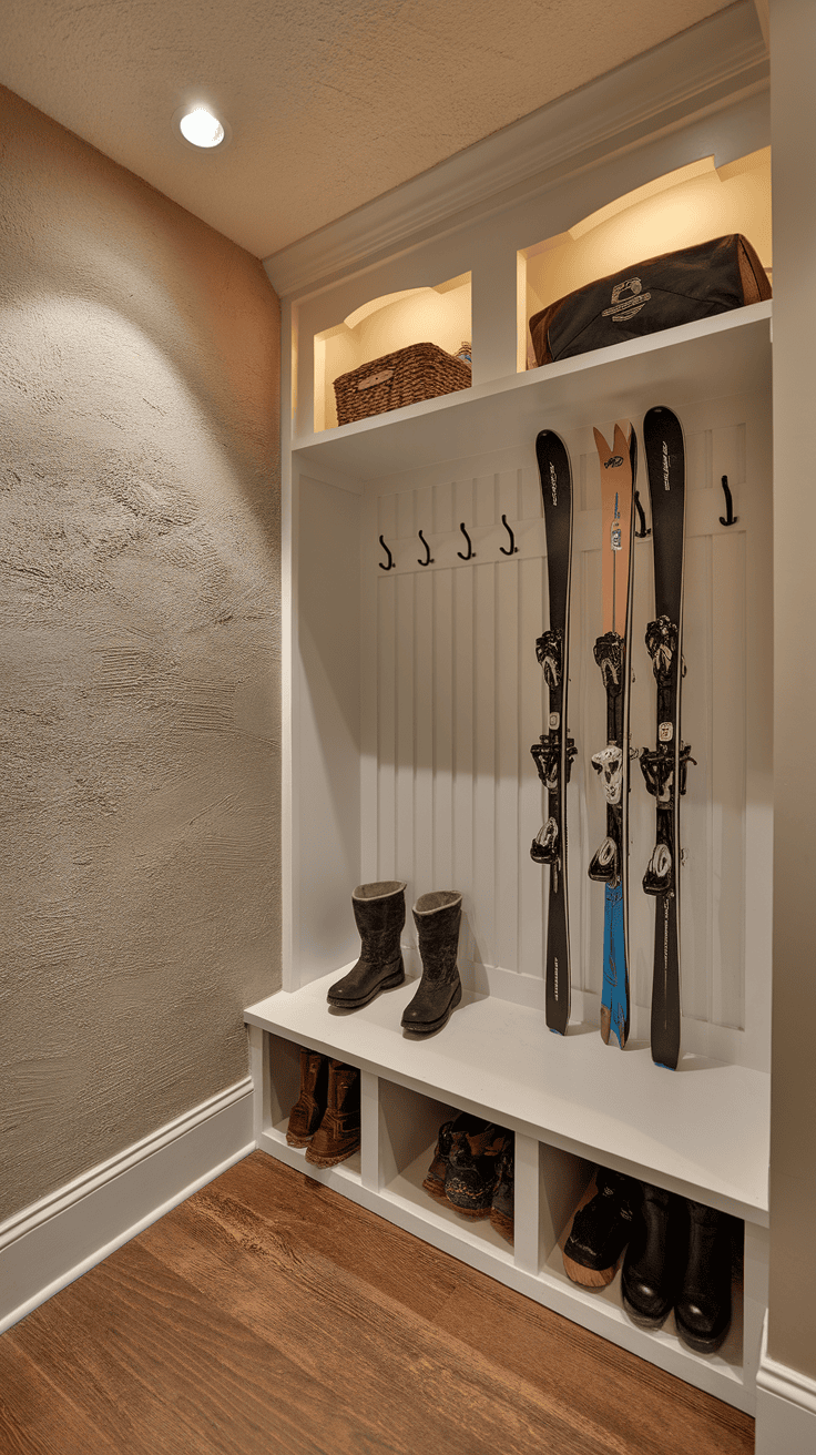 A well-organized mudroom with lighting showcasing ski gear and boots.