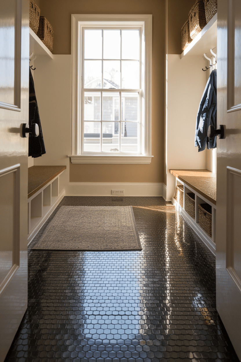 A bright and welcoming entryway featuring a penny tile floor, natural light, and stylish decor.