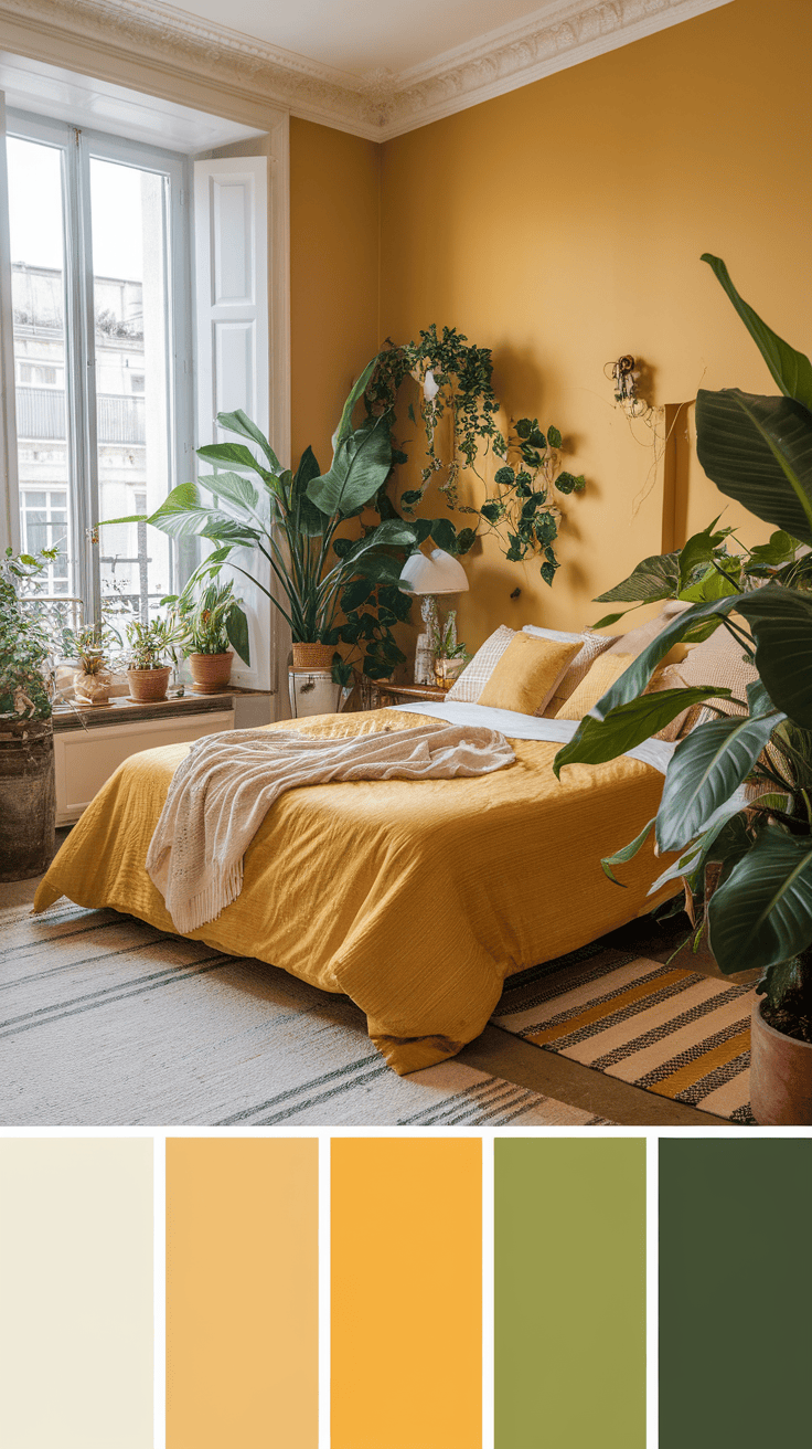 A bright and inviting bedroom with various indoor plants, a cozy bed, and warm yellow walls.