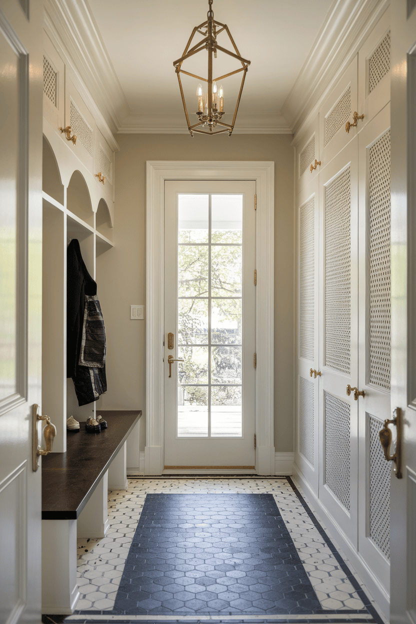 Luxurious small mudroom entryway featuring gold hardware, a bench, and a stylish floor.