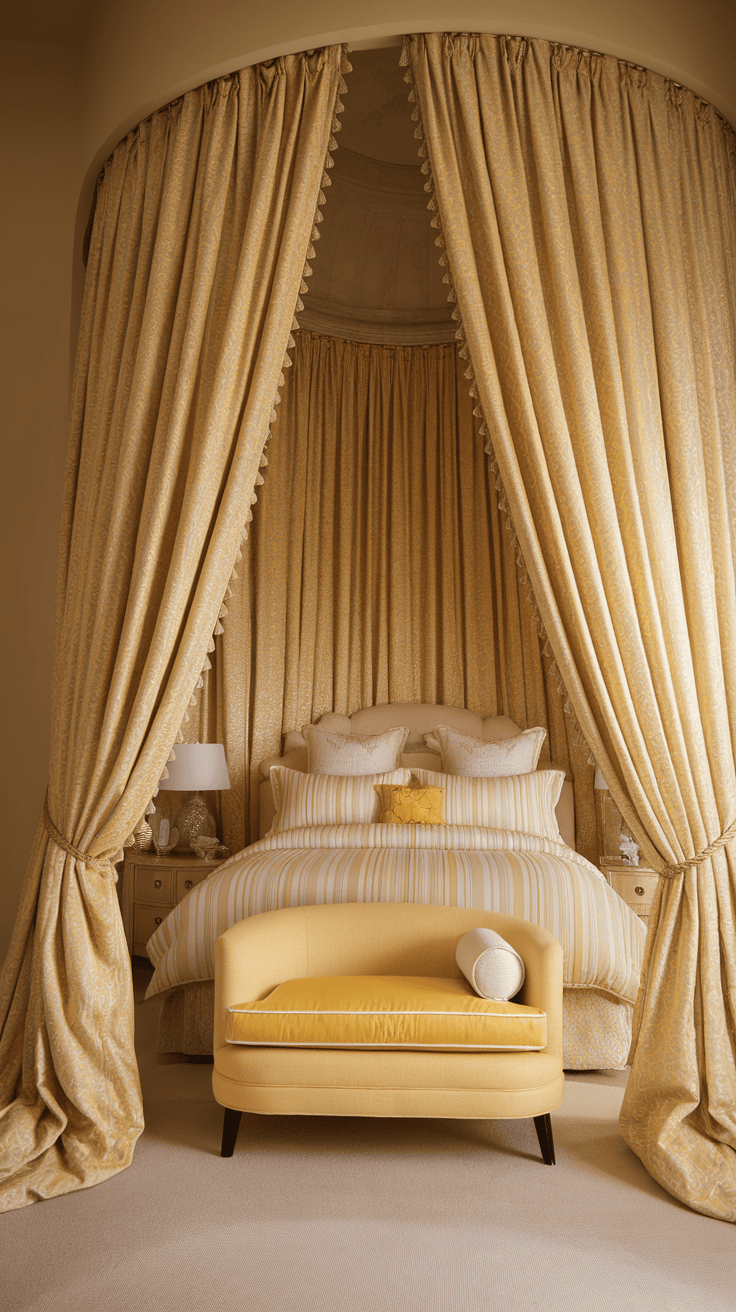 A cozy bedroom featuring luxurious yellow drapes framing a bed with striped bedding and a yellow accent chair.