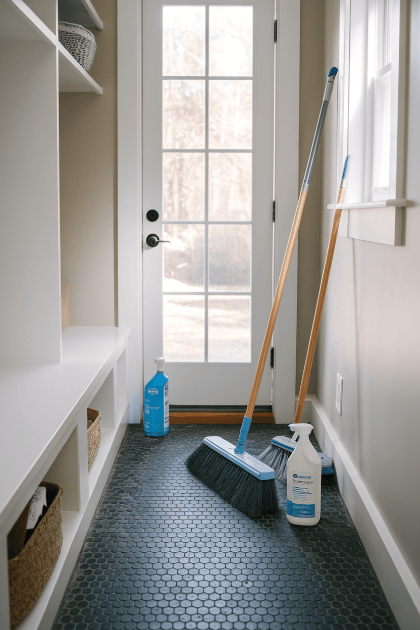 A person cleaning penny tile flooring in a bright, organized room.