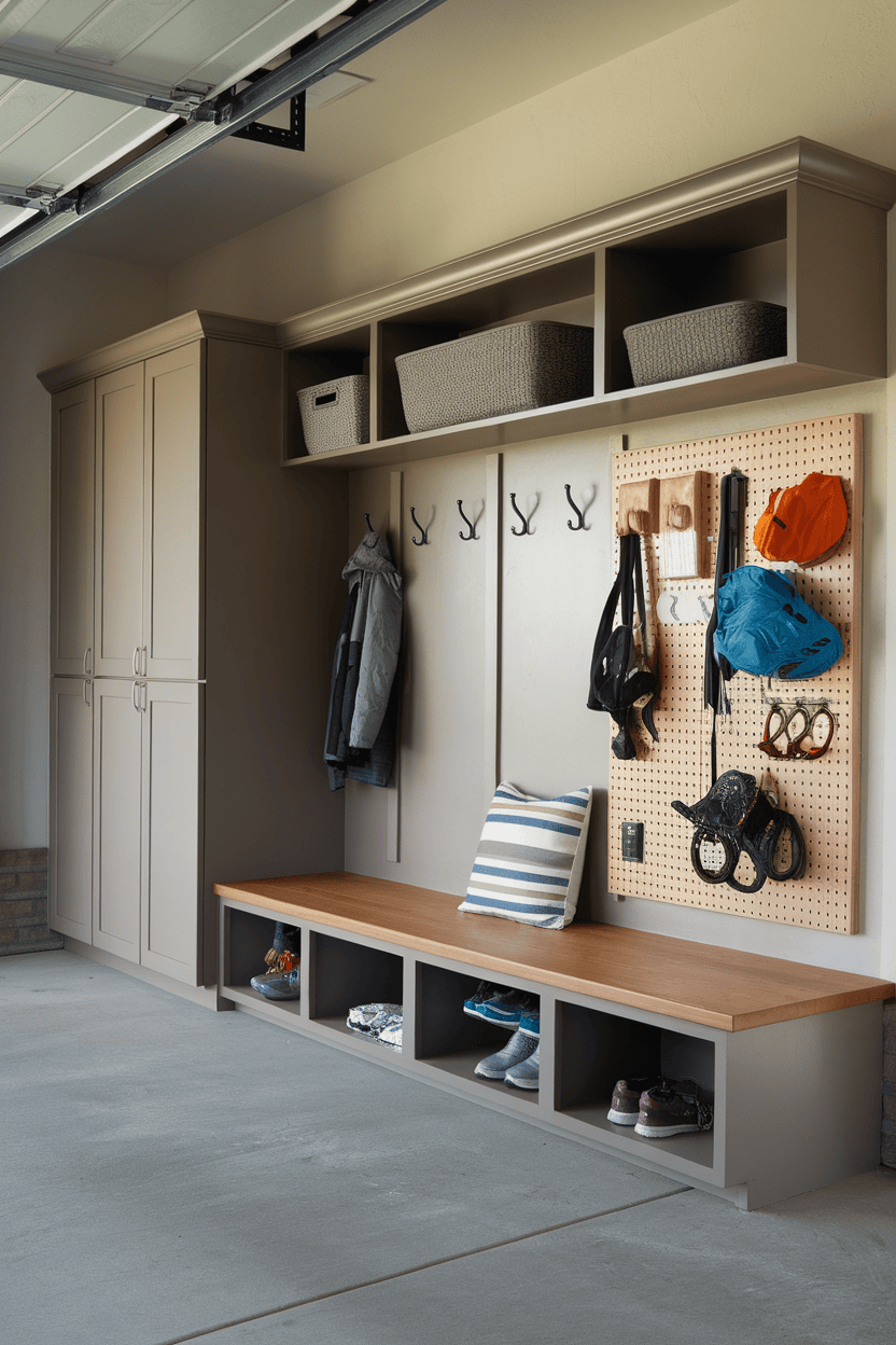 A well-organized garage mudroom with hooks, shelves, and a bench for storage.