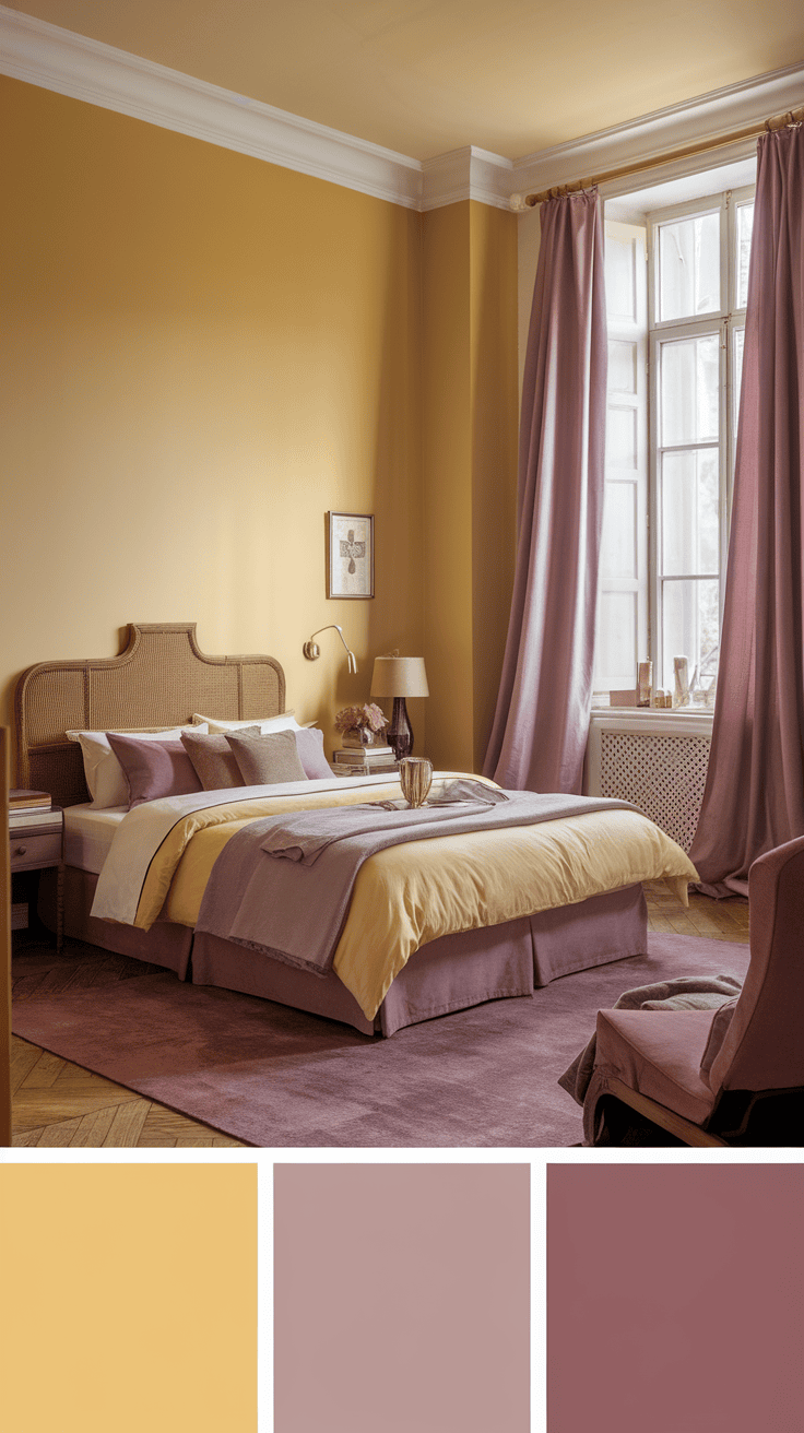 A cozy bedroom featuring mauve drapes and yellow accents.