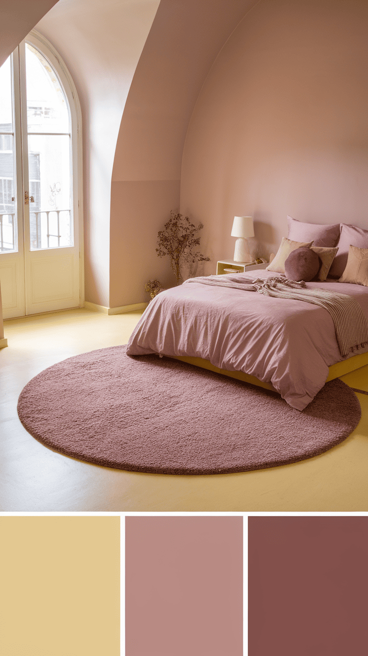 A cozy bedroom featuring a mauve rug as the focal point, with soft furnishings in complementary colors.