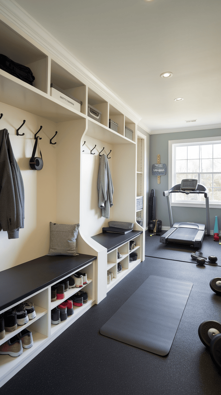 A functional mudroom gym combo with storage and workout equipment.