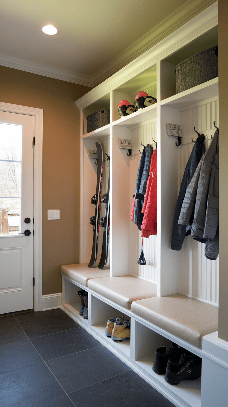 A well-organized entryway with vertical storage, featuring shelves for hats and gear, hooks for coats, and a bench.