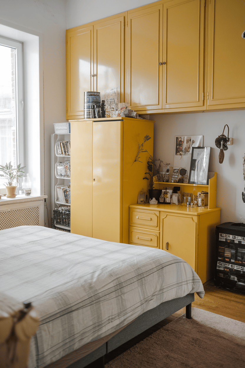 A cozy bedroom featuring yellow storage cabinets and a neatly made bed