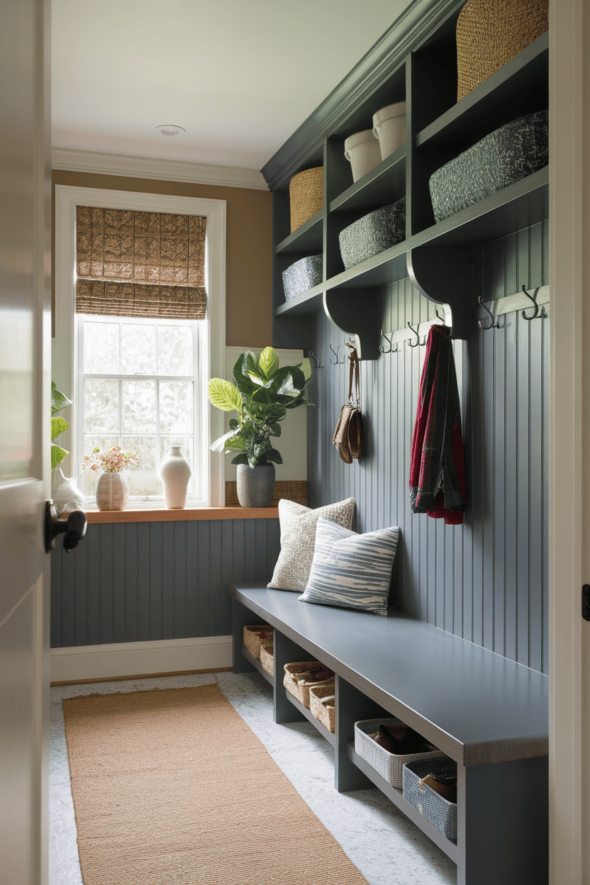 Narrow mudroom entryway with shelves, hooks, plants, and a bench.