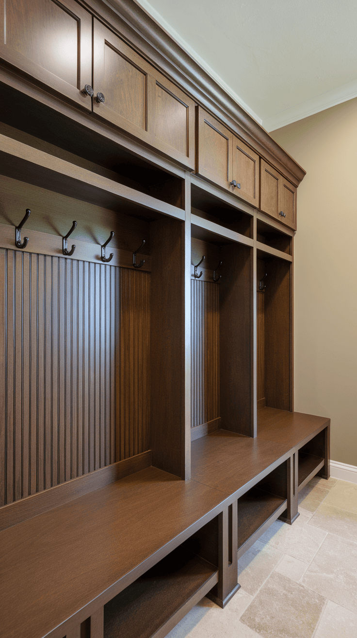 Elegant wooden storage unit with hooks and shelves