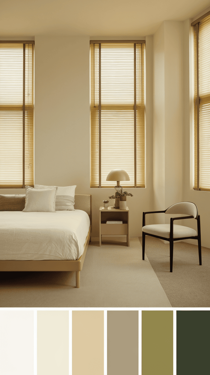 A bright bedroom with simple yellow blinds and neutral decor.