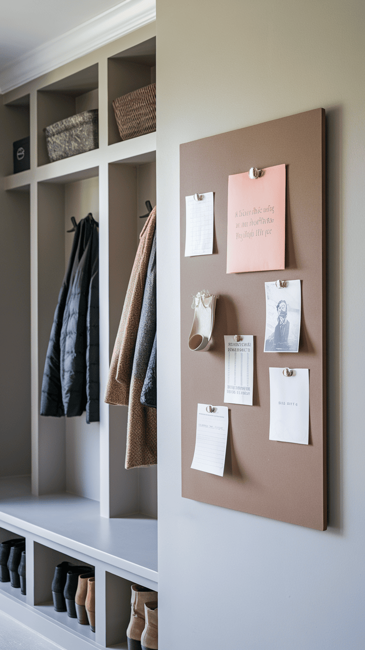 Minimalist magnetic bulletin board in a mudroom with notes and a roll of paper.