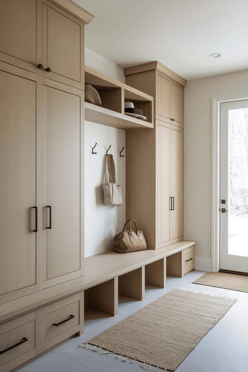 A minimalist mudroom featuring sleek cabinets, hooks, and a bench.