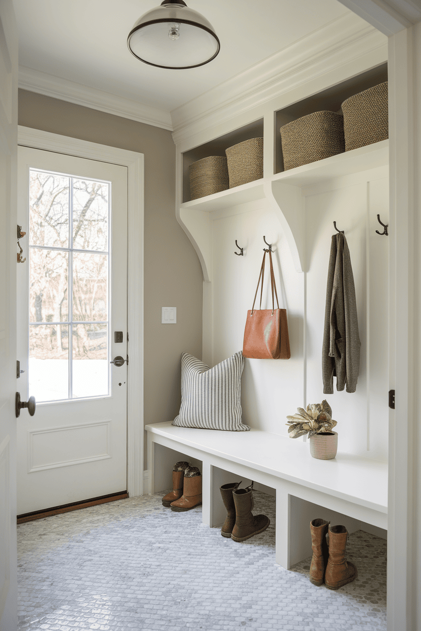 A minimalist small mudroom with a bench, storage bins, and hooks for coats and bags.