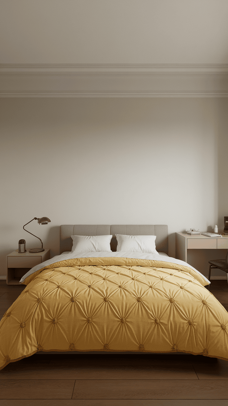 A minimalist bedroom featuring yellow decor elements with a white bed, yellow accents, and simple furnishings.