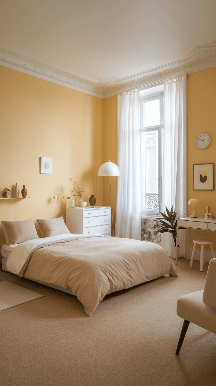 A cozy bedroom with minimalist decor featuring yellow walls, a bed with beige bedding, a white dresser, and a stylish lamp.