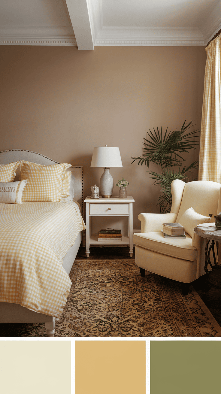 A cozy bedroom featuring gingham bedding and neutral tones