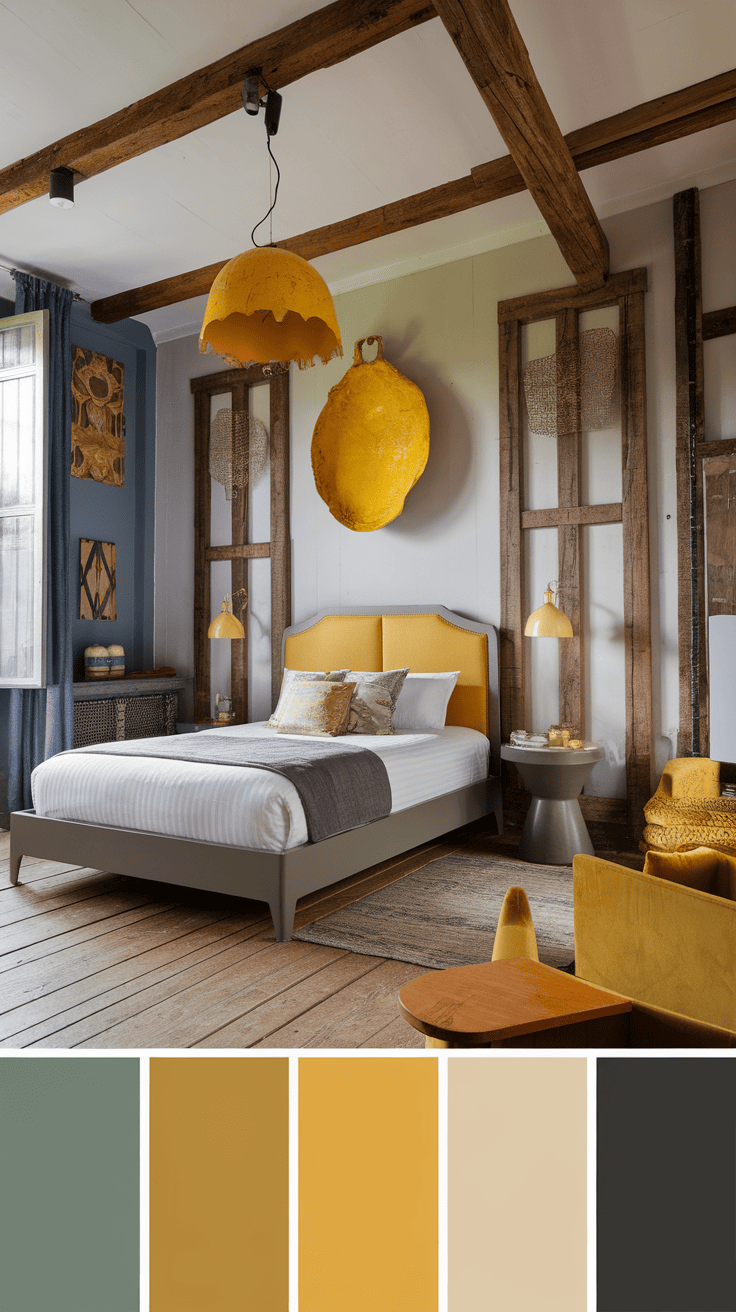 A cozy farmhouse bedroom featuring yellow and grey decor with rustic wooden beams.