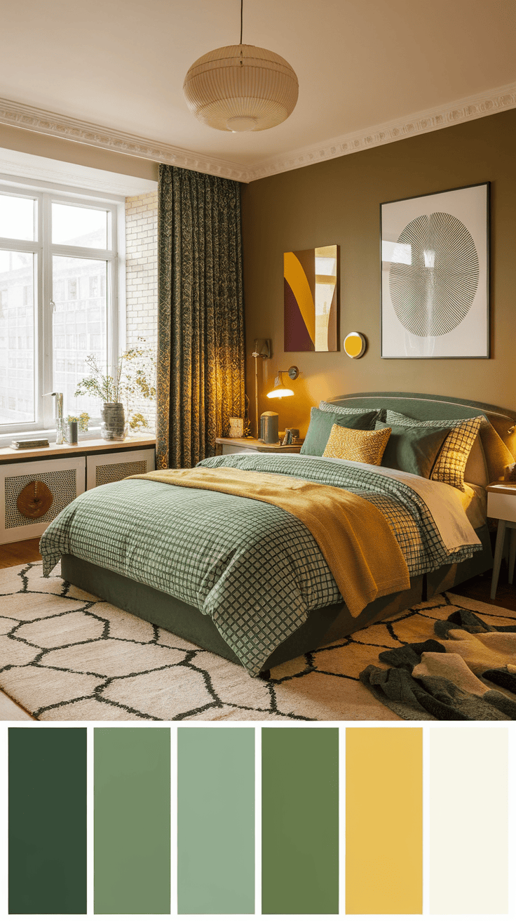 A cozy bedroom featuring emerald green and yellow patterns in decor and bedding.