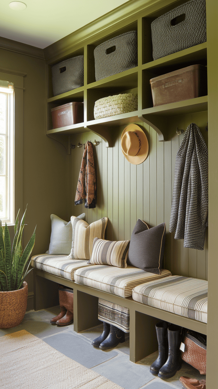 A mudroom with olive green accents, striped cushions, and various decorative items including hats and plants.