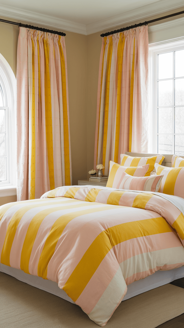 A bright and cheerful bedroom featuring striped yellow and blush bedding