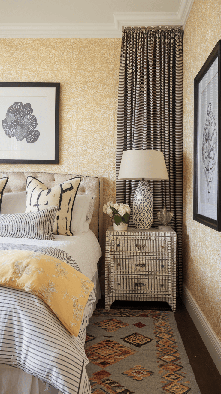 A cozy bedroom featuring yellow chinoiserie wallpaper and striped bedding.