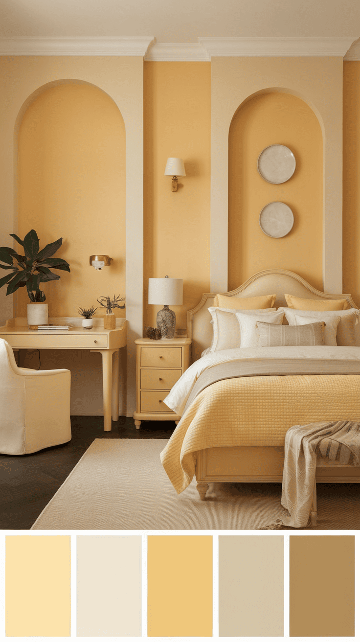 A beautifully decorated bedroom featuring shades of yellow and cream.