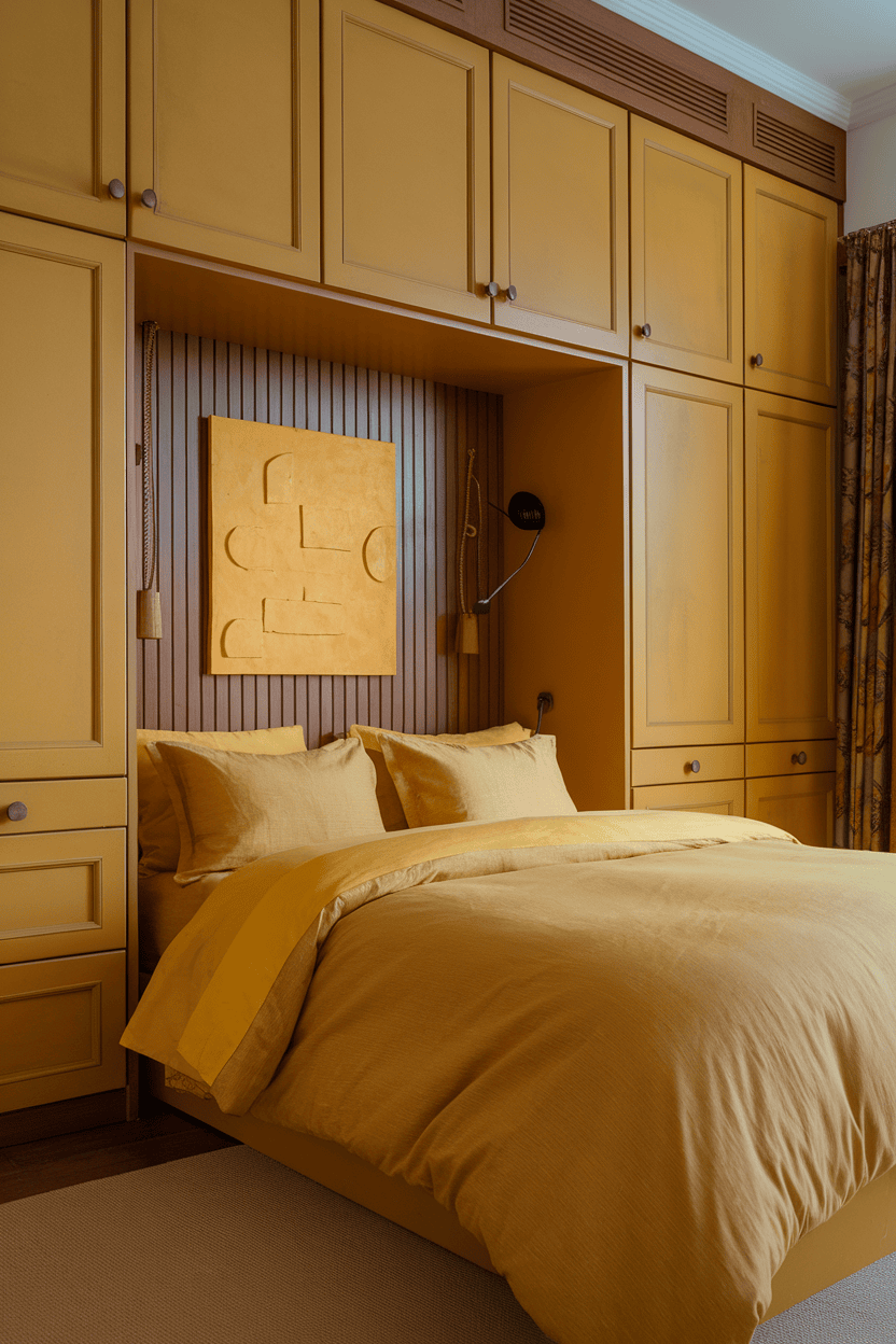 A cozy bedroom featuring various shades of yellow on the walls, bedding, and decor.