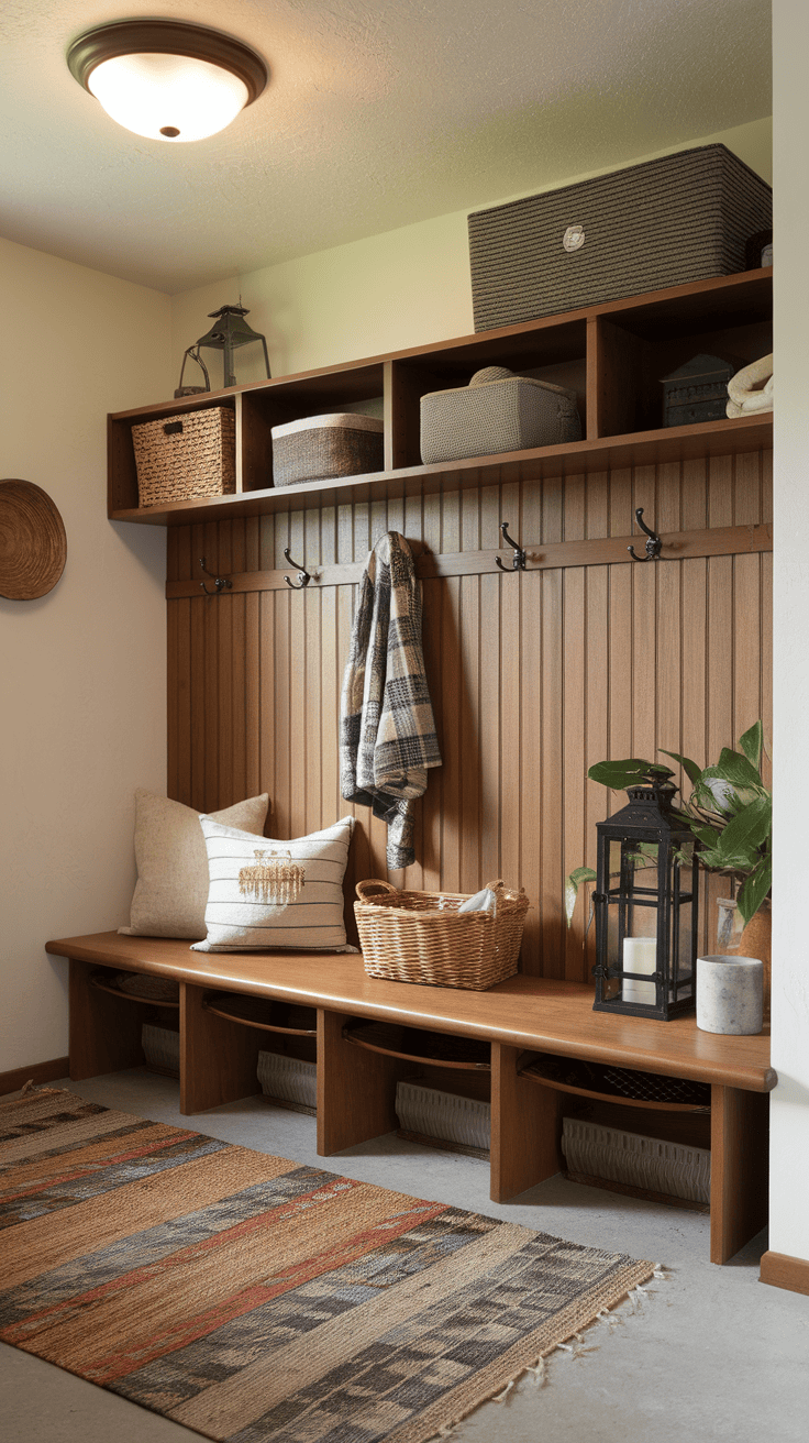 A cozy entryway featuring wooden benches, textured walls, and woven baskets.