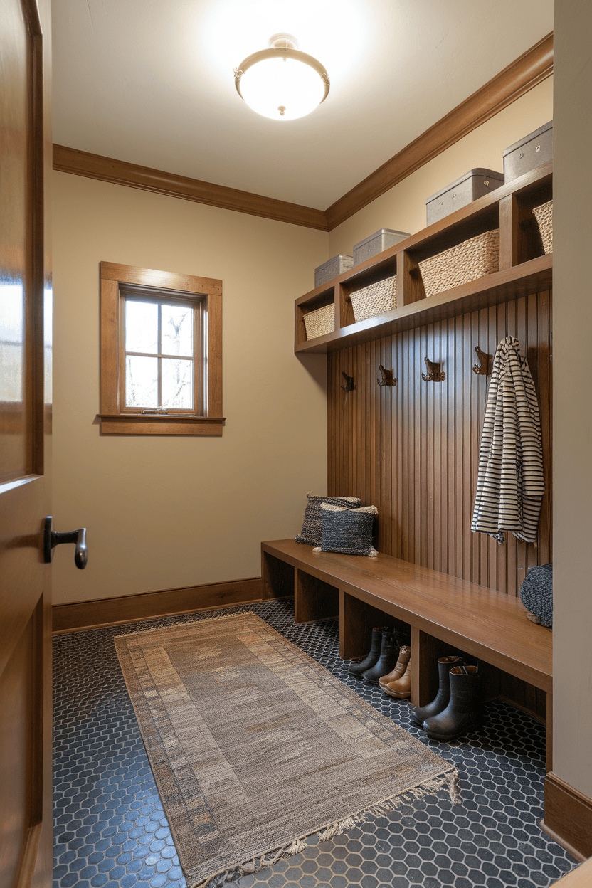 A stylish entryway featuring penny tile flooring and wooden elements, showcasing a warm and inviting atmosphere.