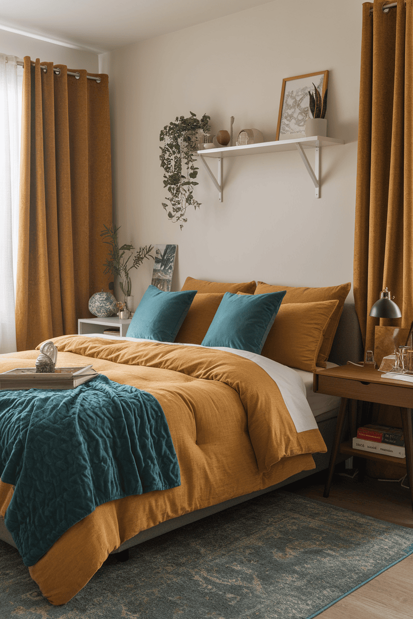 A cozy bedroom featuring mustard-colored bedding and teal accent pillows, with matching curtains and decorative plants.