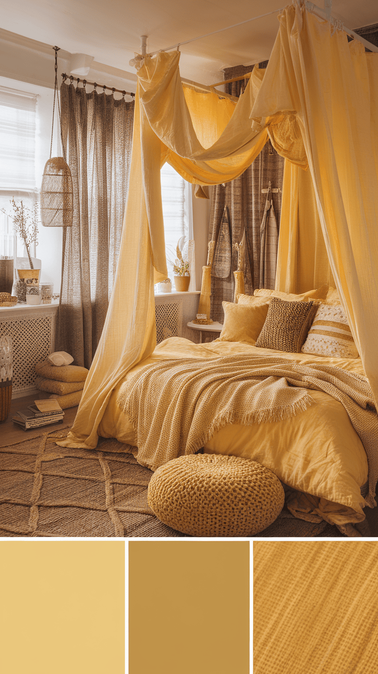 A cozy yellow eclectic bedroom featuring layered fabrics and textures.