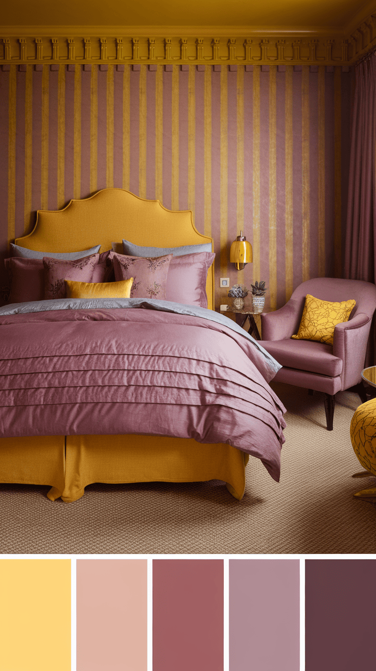 A cozy bedroom featuring yellow and mauve bedding with various textures.