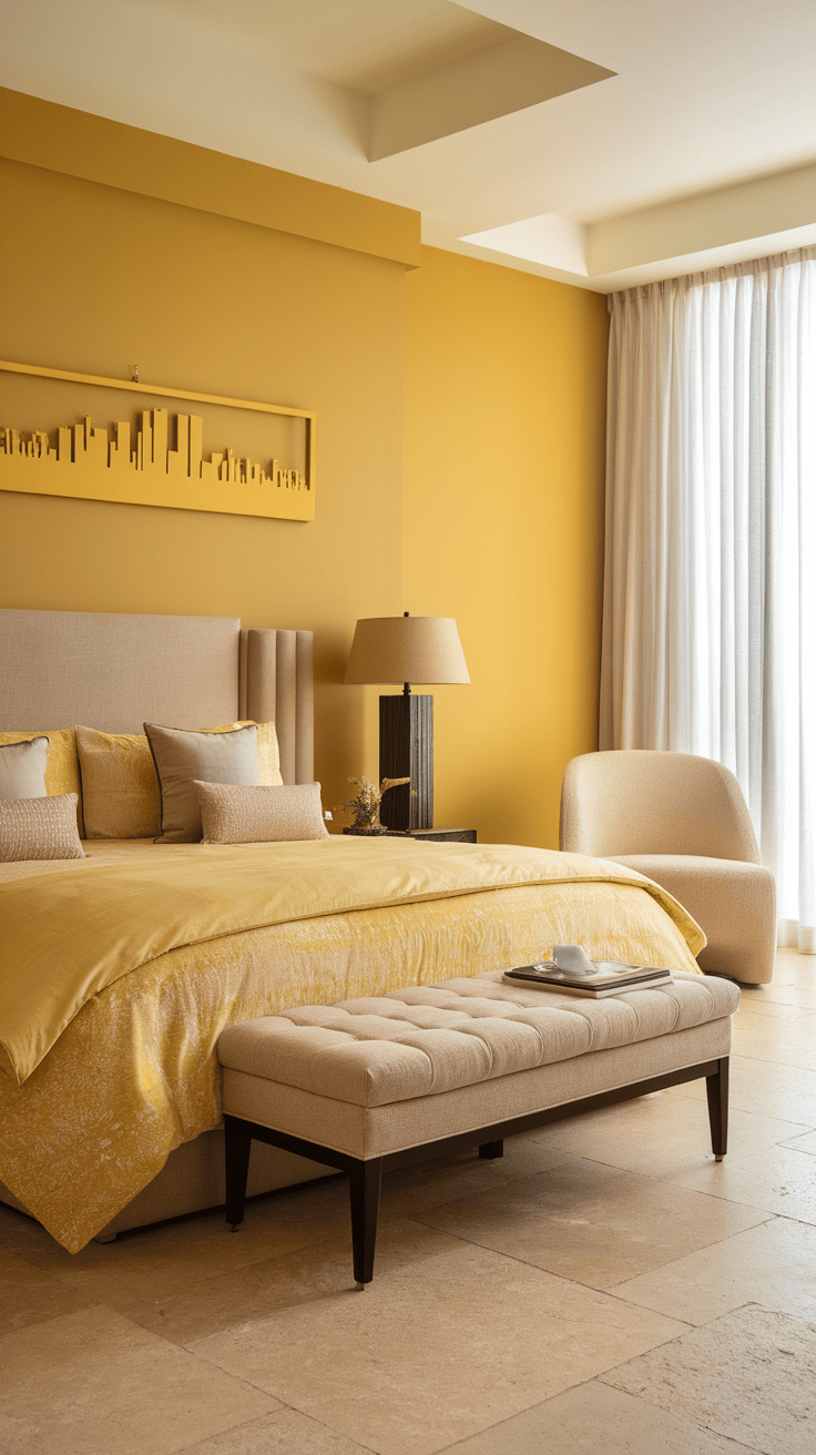 A cozy bedroom featuring yellow and neutral tones in bedding and decor.