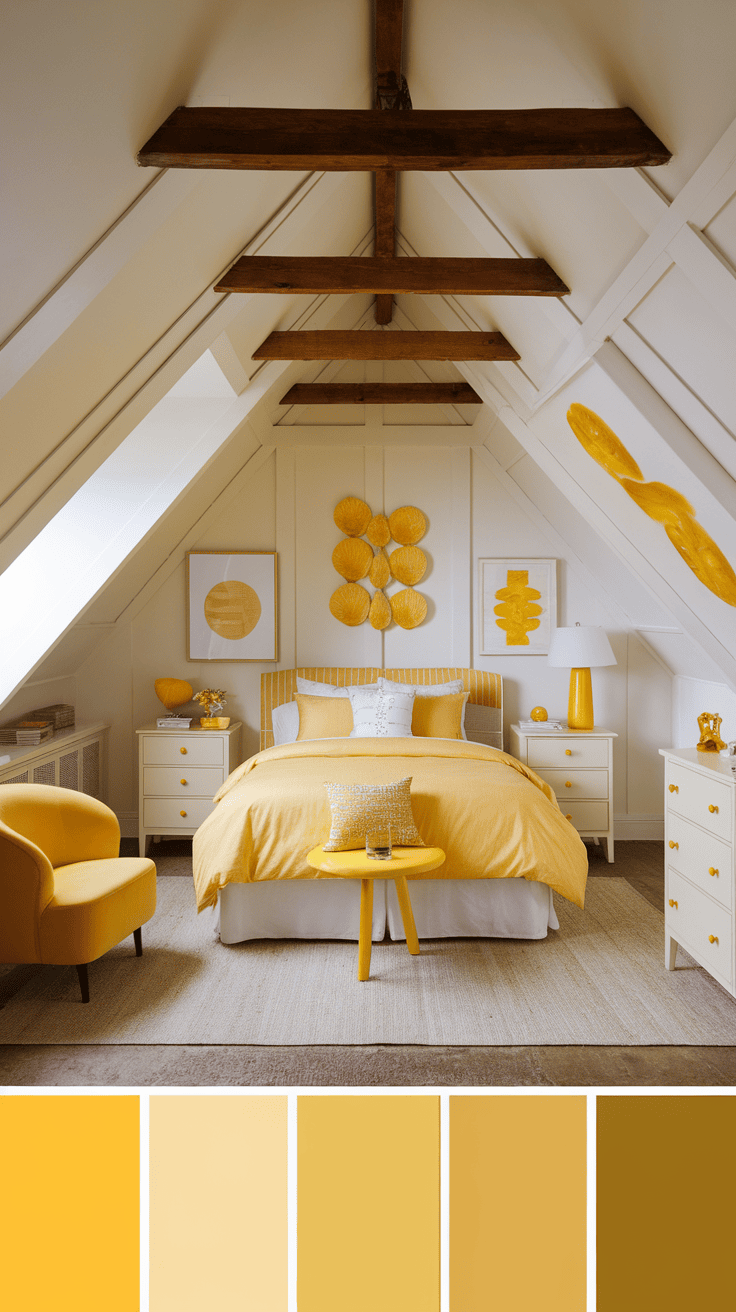 A bright yellow attic bedroom featuring white accents and wooden beams.