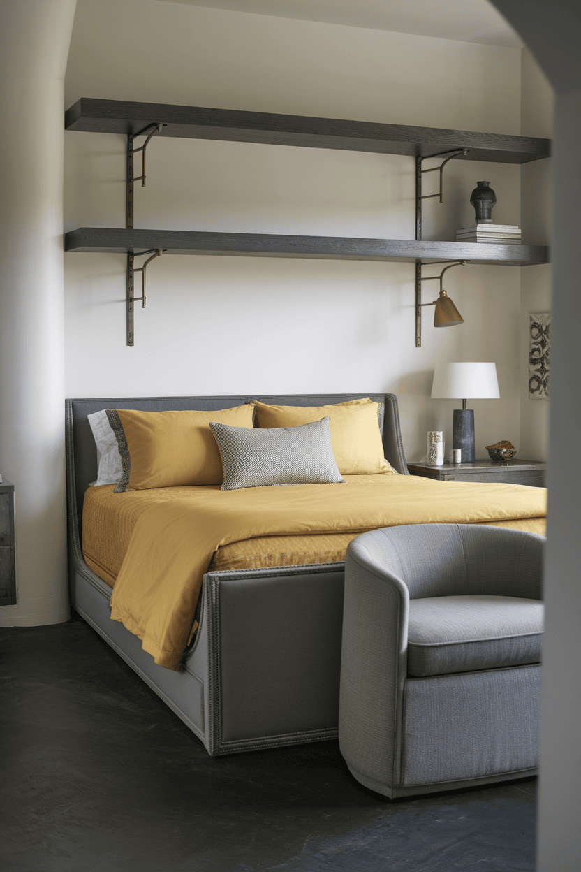 A modern bedroom featuring yellow bedding and gray furniture.