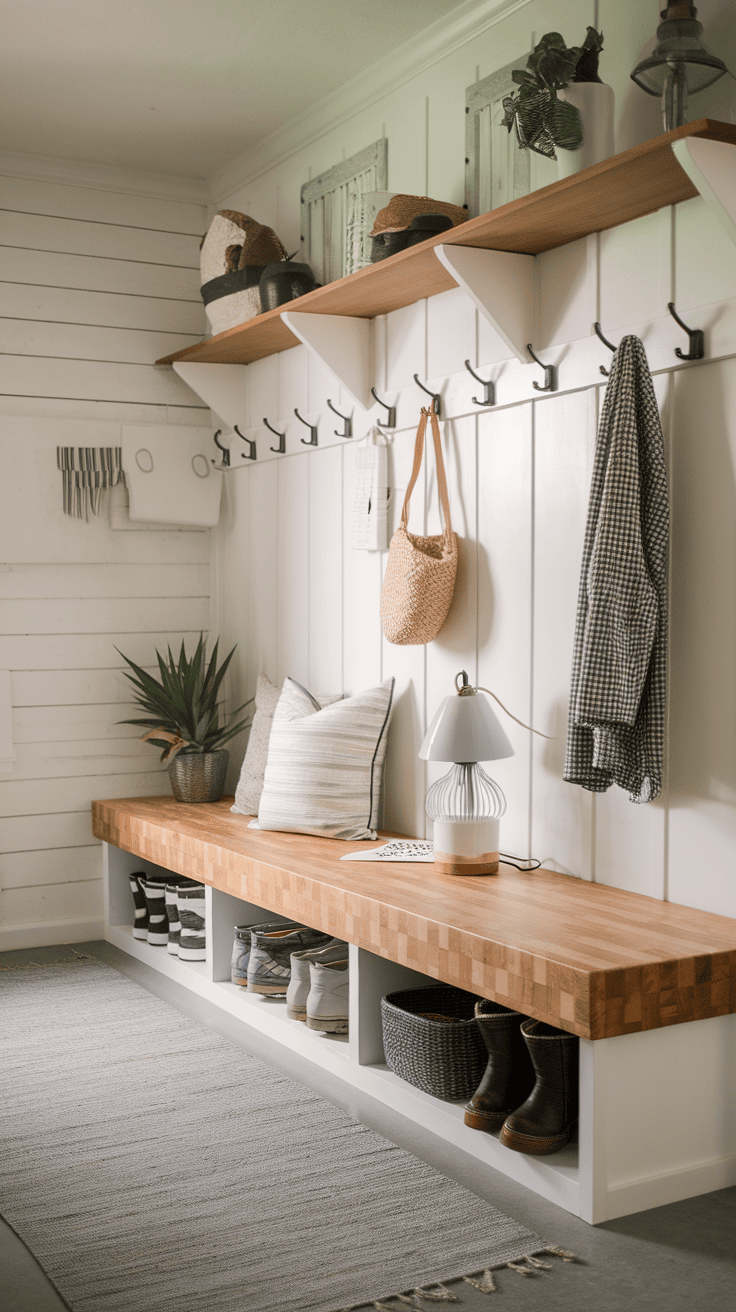 A cozy mudroom with a butcher block bench, hooks for coats, and a warm color scheme.