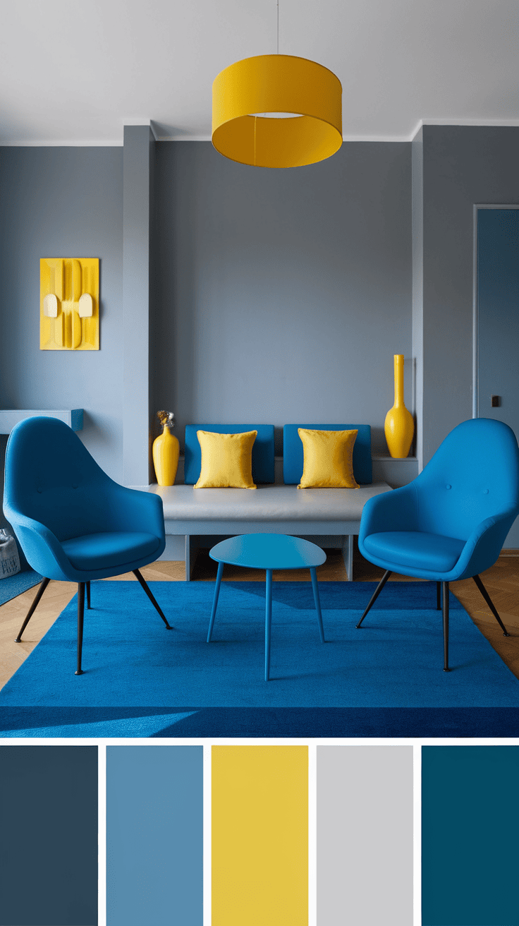 A modern gray and blue bedroom featuring yellow highlights in decor.