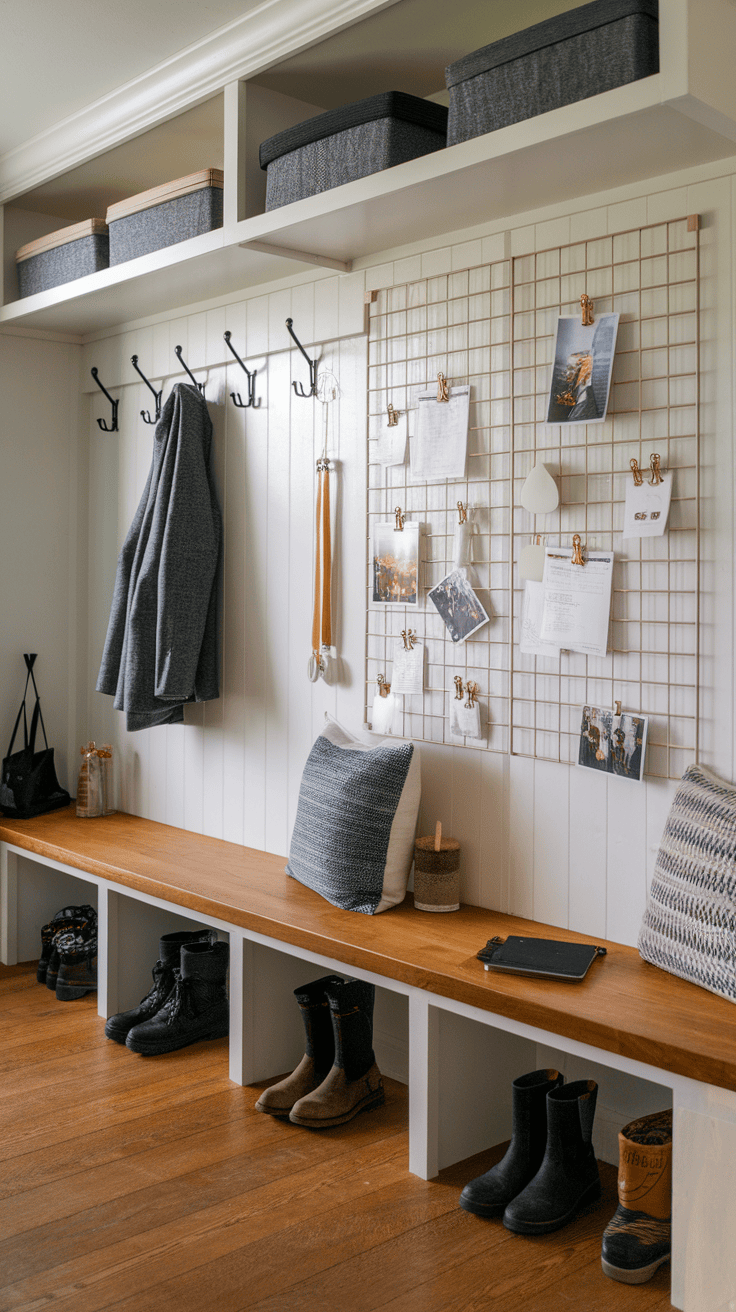 A modern mudroom with a grid-style wire bulletin board, showcasing photos and notes.