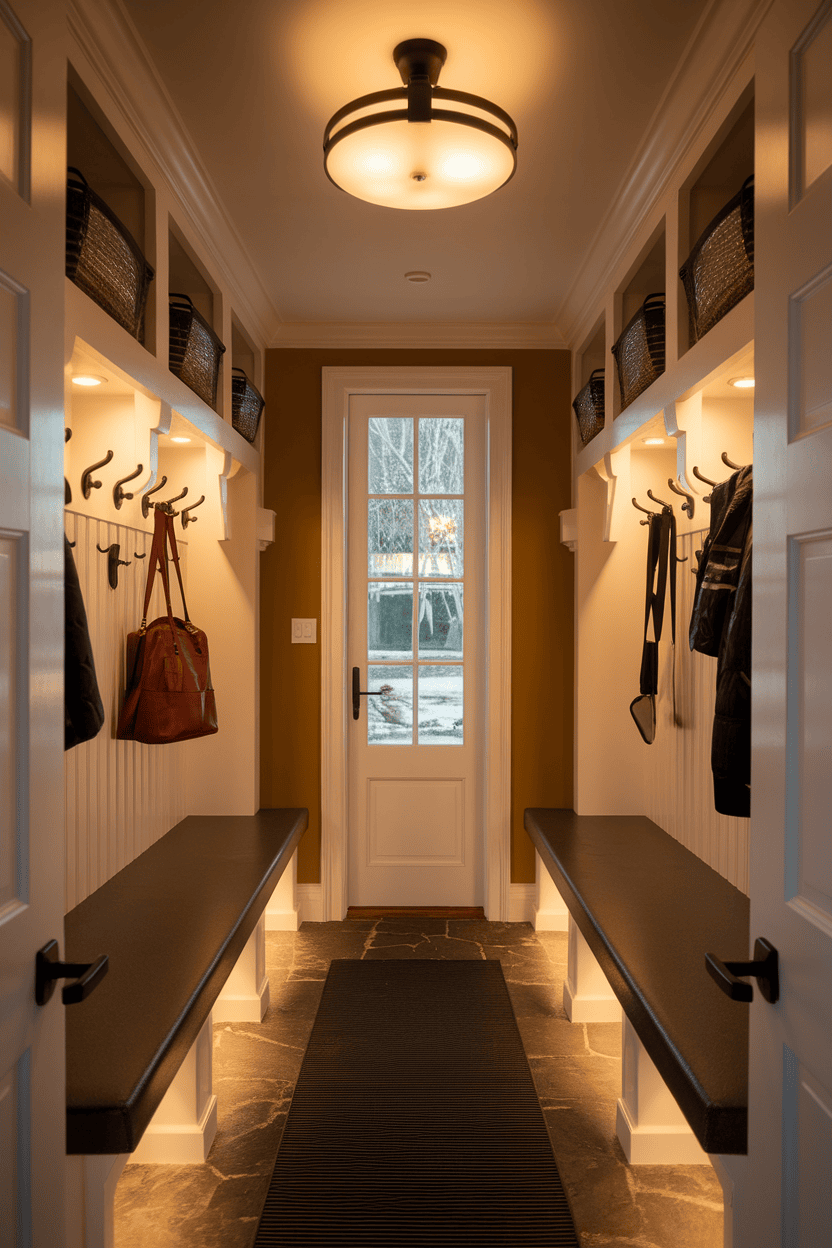 Modern narrow mudroom with stylish ceiling light and organized hooks