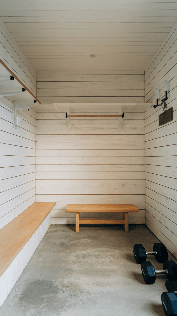 A minimalist mudroom gym featuring a weight bench, dumbbells, and a pull-up bar.