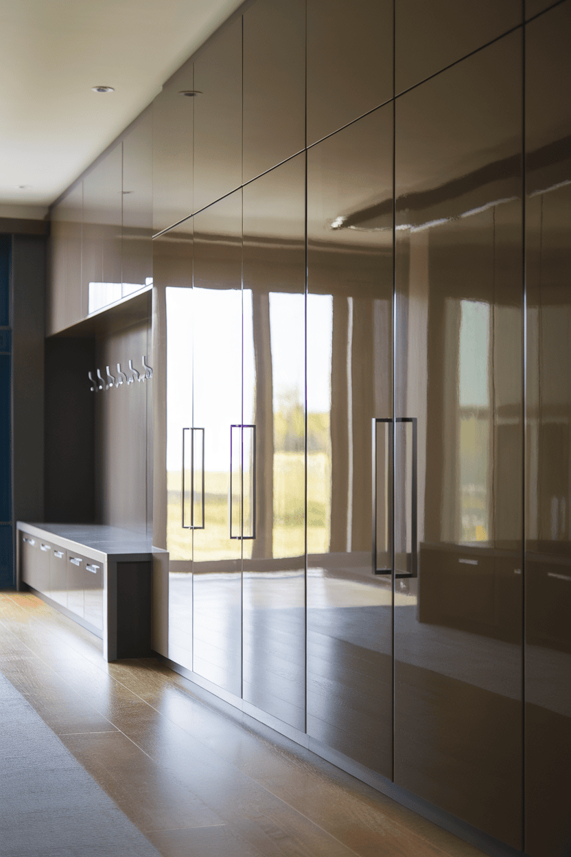 Modern mudroom cabinets with sleek finishes reflecting light.