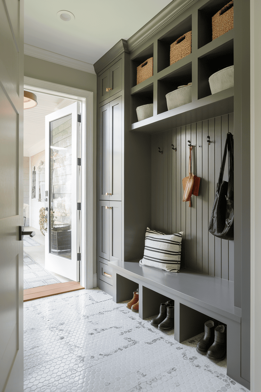 A modern small mudroom with sleek storage solutions, featuring a bench, hooks, and stylish baskets.