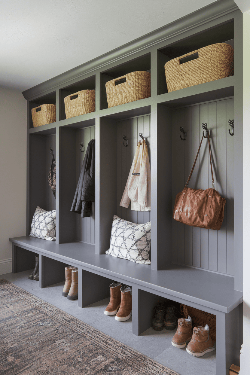 A stylish mudroom cabinet with baskets, hooks, and seating.