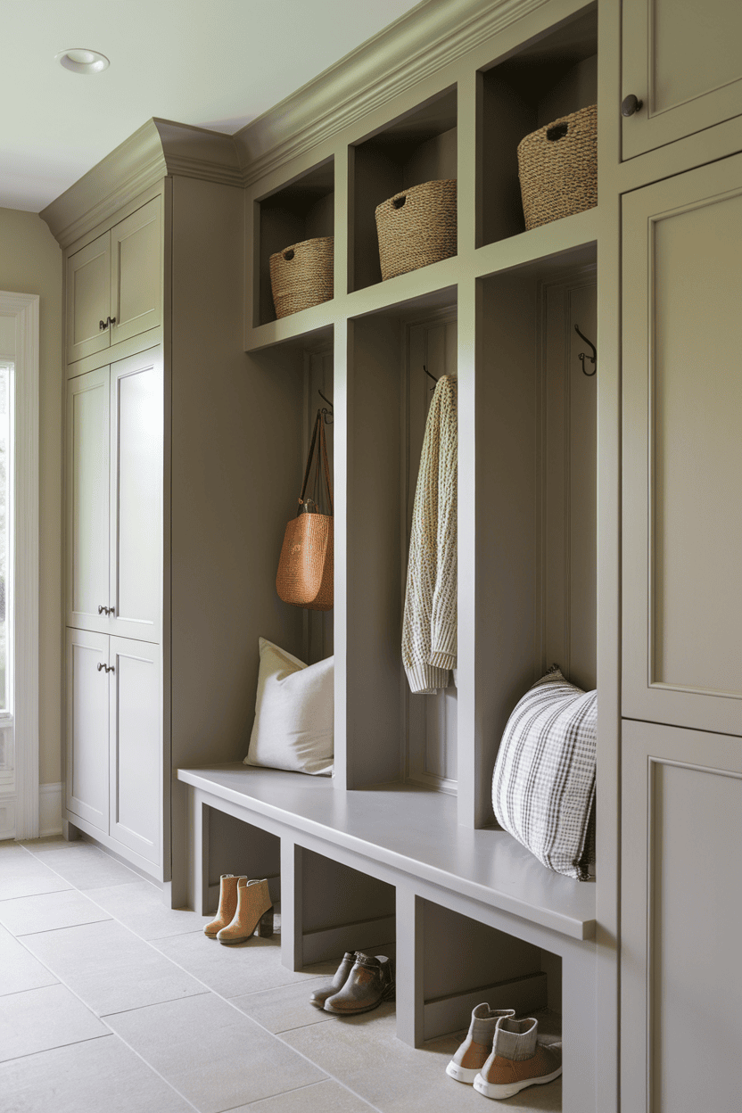 A well-organized mudroom featuring built-in cabinets and a bench