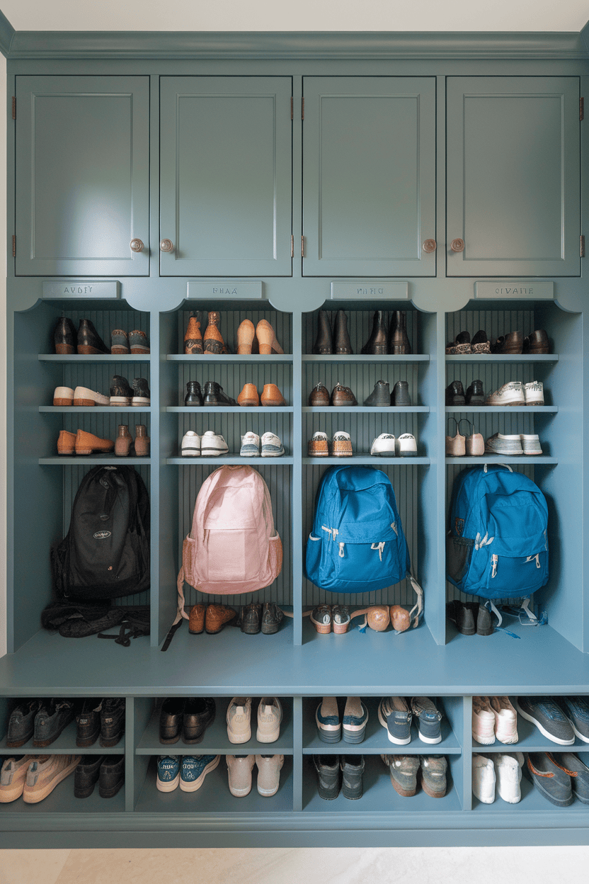 Mudroom cabinets with cubbies, featuring organized shoes and backpacks