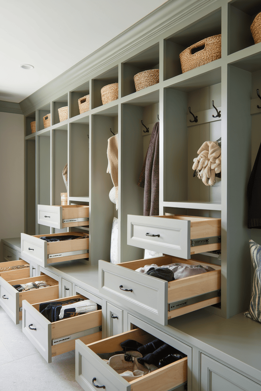 Modern mudroom with cabinets and drawers for organized storage