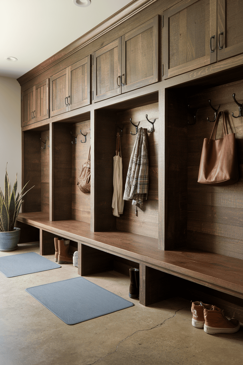 A stylish mudroom with wooden cabinets, hooks, and a bench for organization.